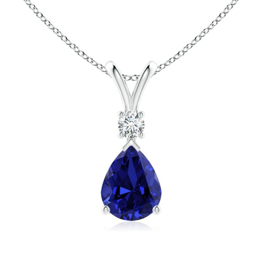 Necklaces Angara Blue Sapphire | Lab-Grown Blue Sapphire Teardrop Pendant With Lab Diamond