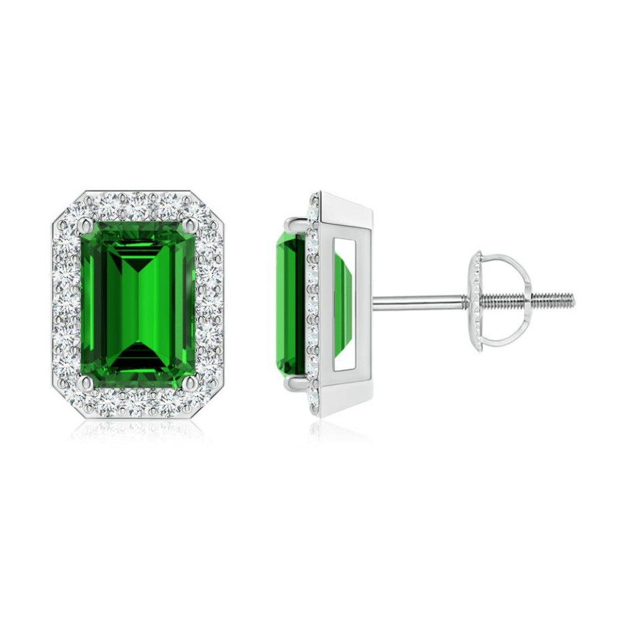 Earrings Angara Emerald | Lab-Grown Emerald-Cut Emerald Stud Earrings With Lab Diamond Halo