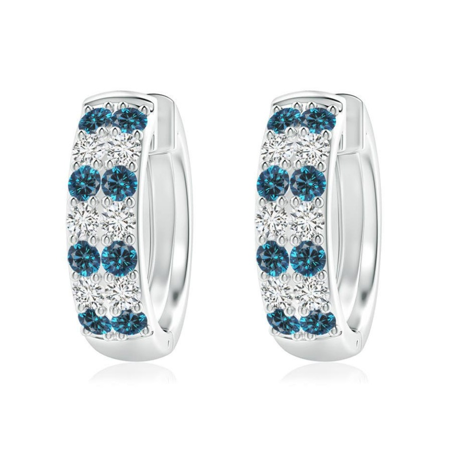 Earrings Angara Enhanced Blue | Twin-Row Blue Diamond Hoop Earrings