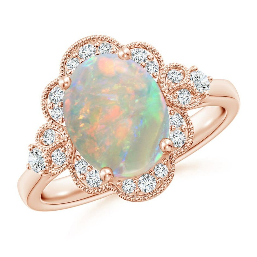 Rings Angara Opal | Victorian Style Oval Opal And Diamond Halo Engagement Ring