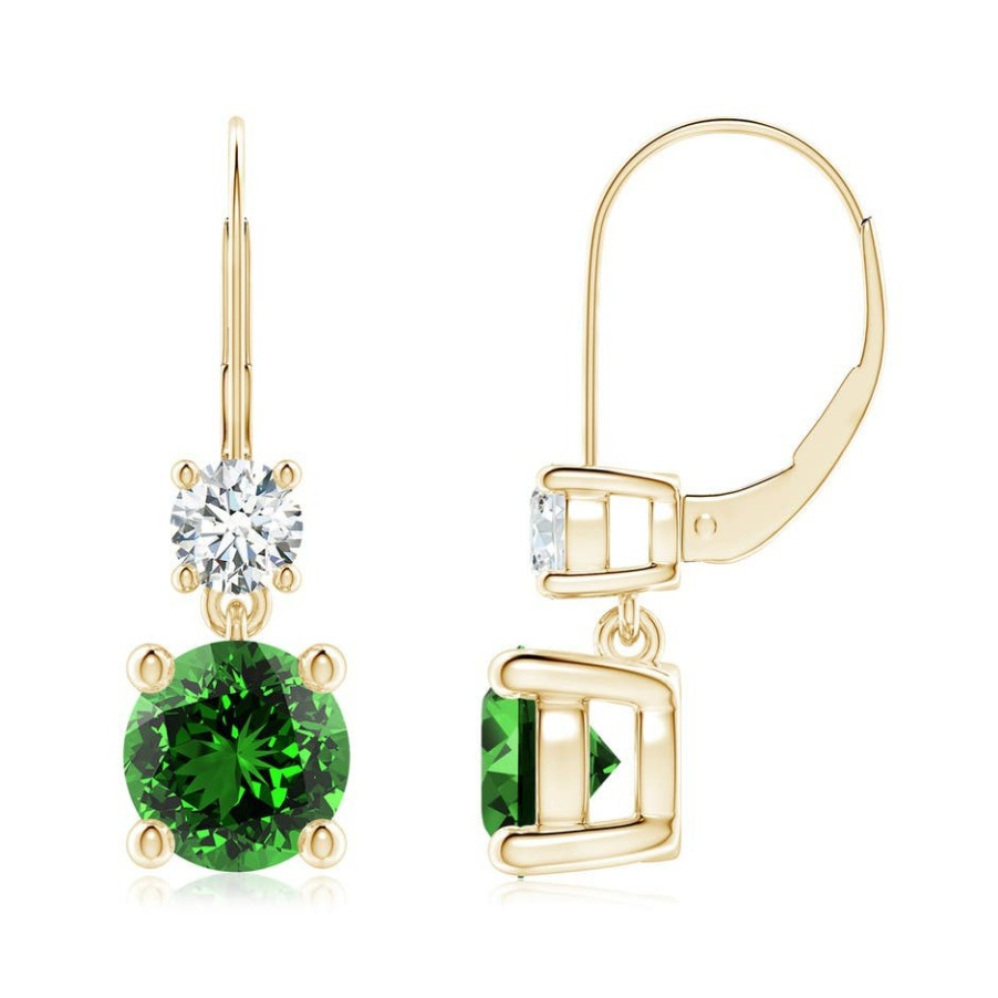 Earrings Angara Emerald | Lab-Grown Round Emerald Leverback Dangle Earrings With Lab Diamond