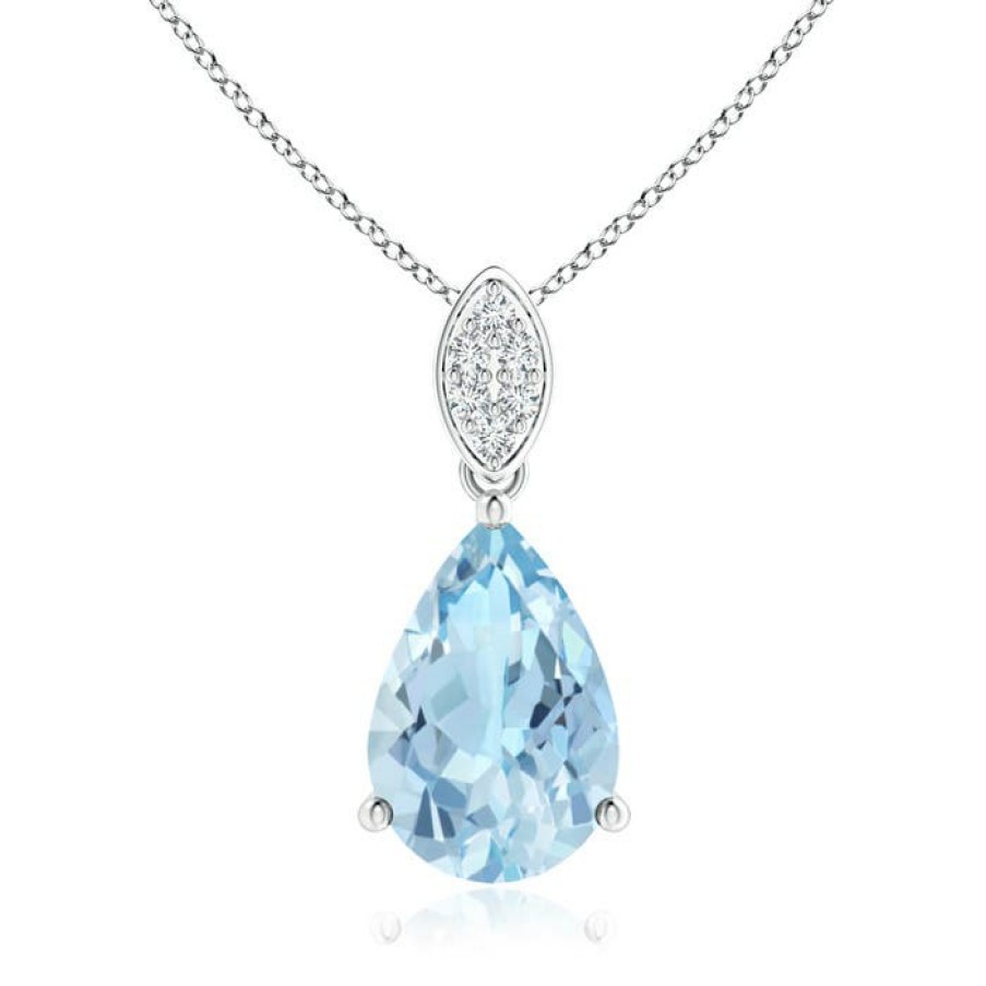 Necklaces Angara Aquamarine | Pear-Shaped Aquamarine Pendant With Leaf Bale