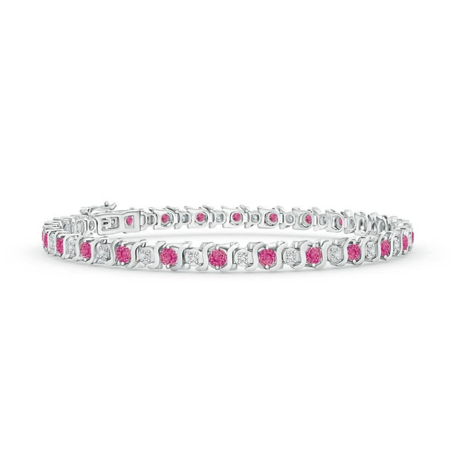 Bracelets Angara Pink Sapphire | S Curl Pink Sapphire And Diamond Tennis Bracelet