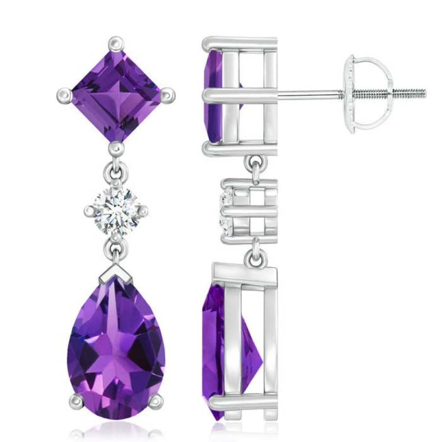 Earrings Angara Amethyst | Square And Pear Amethyst Drop Earrings With Diamond