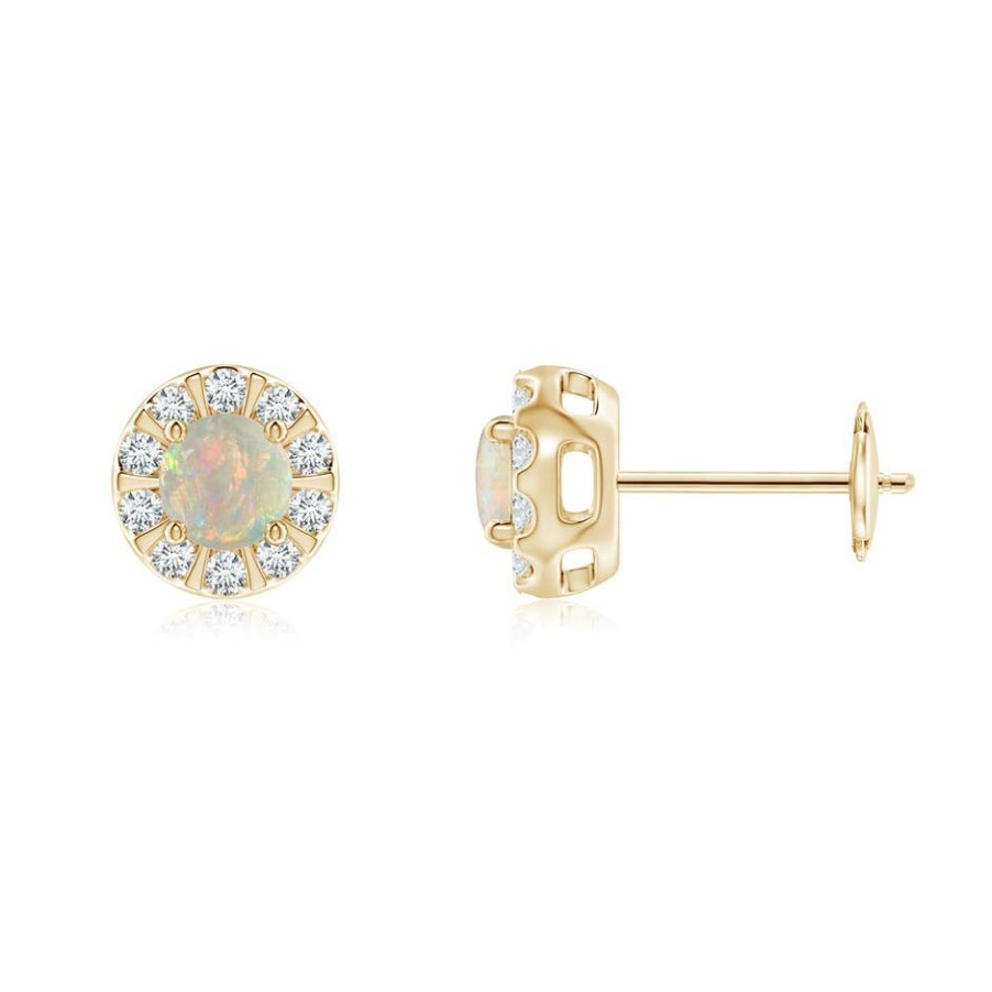 Earrings Angara Opal | Opal Stud Earrings With Bar-Set Diamond Halo