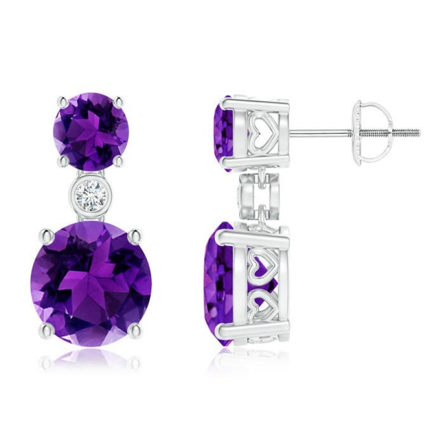 Earrings Angara Amethyst | Classic Amethyst Two Stone Drop Earrings With Bezel Diamond