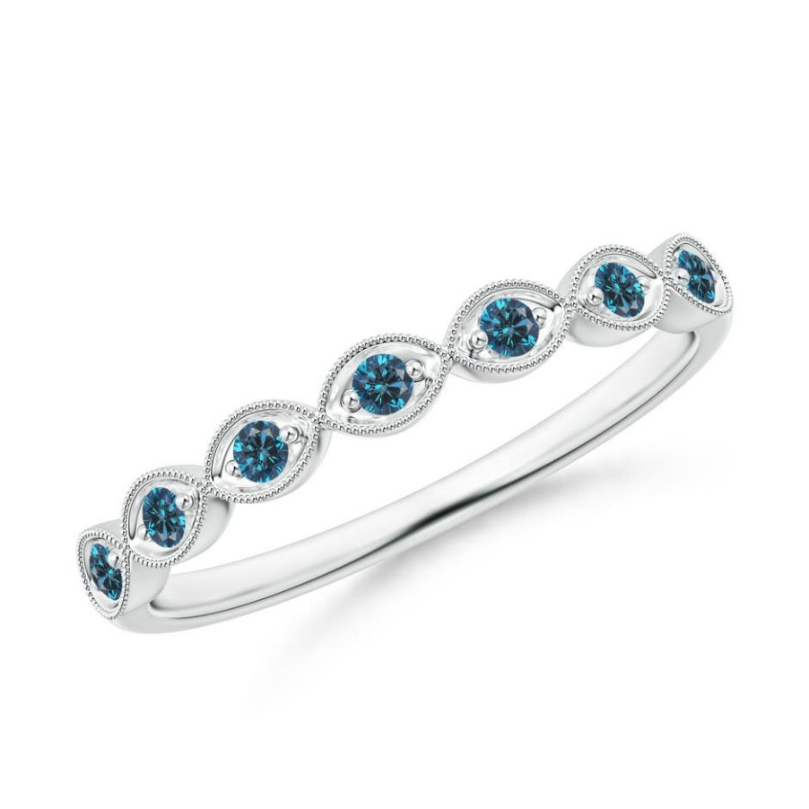 Rings Angara Enhanced Blue | Pave Set Round Blue Diamond Milgrain Wedding Ring