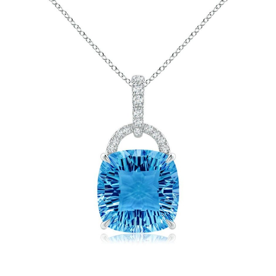 Necklaces Angara Swiss Blue Topaz | Cushion Swiss Blue Topaz Pendant With Diamond Bale