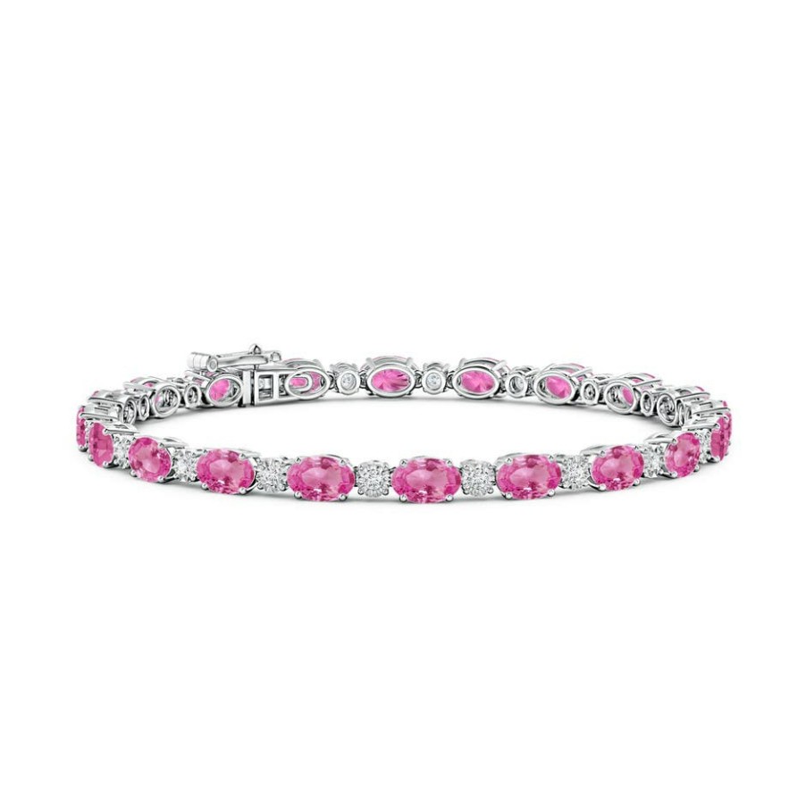 Bracelets Angara Pink Sapphire | Oval Pink Sapphire Tennis Bracelet With Gypsy Diamonds