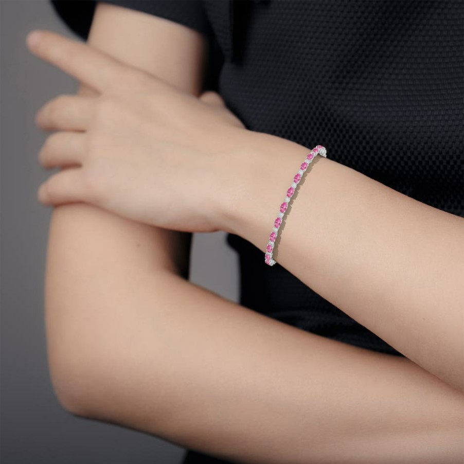 Bracelets Angara Pink Sapphire | Oval Pink Sapphire Tennis Bracelet With Gypsy Diamonds