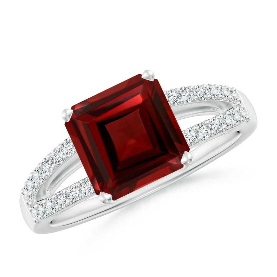 Rings Angara Garnet | Solitaire Emerald-Cut Garnet Split Shank Ring