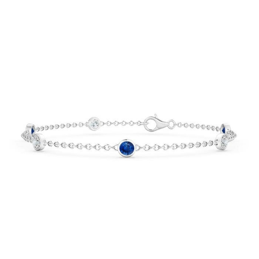 Bracelets Angara Blue Sapphire | Bezel-Set Sapphire And Diamond Station Bracelet With Chain