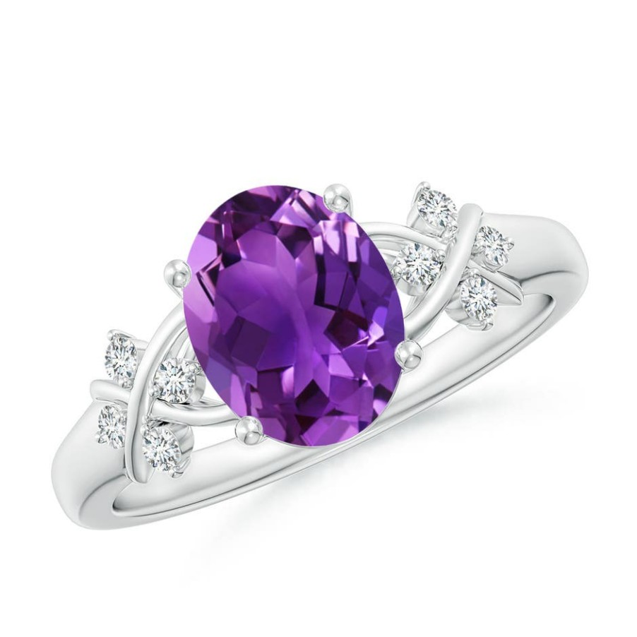 Rings Angara Amethyst | Solitaire Oval Amethyst Criss Cross Ring With Diamonds