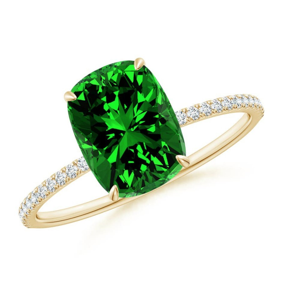 Rings Angara Emerald | Lab-Grown Thin Shank Cushion Emerald Ring With Lab Diamond Accents