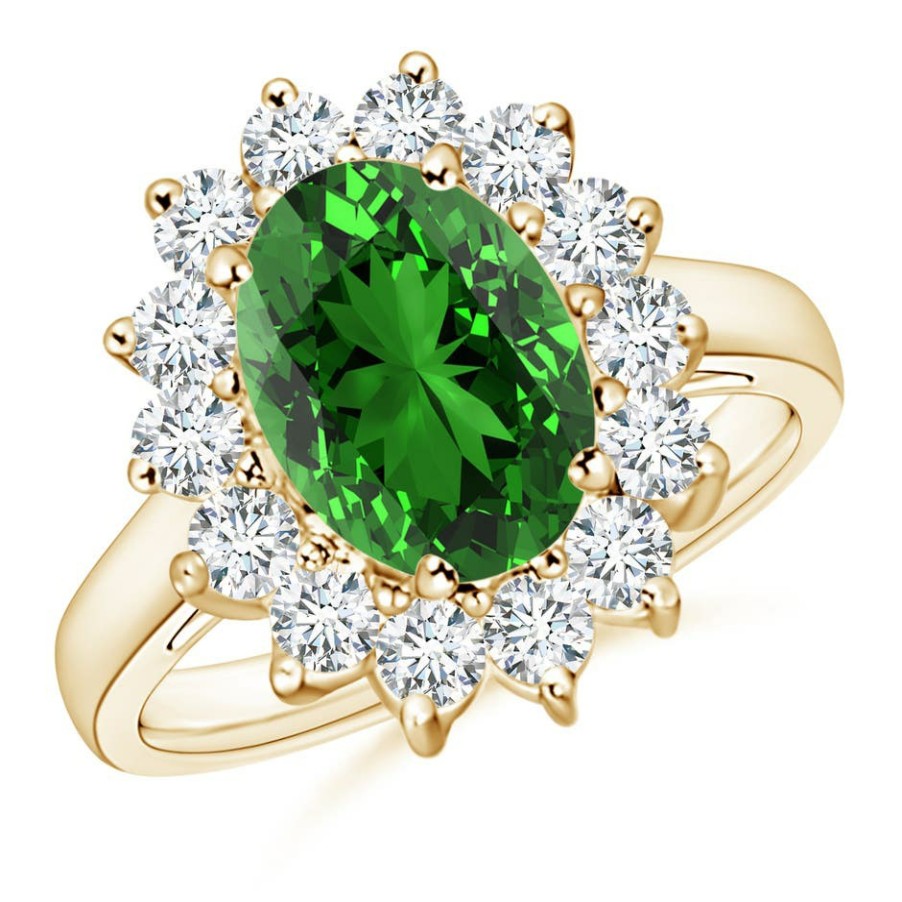 Rings Angara Emerald | Lab-Grown Princess Diana Inspired Emerald Ring With Lab Diamond Halo