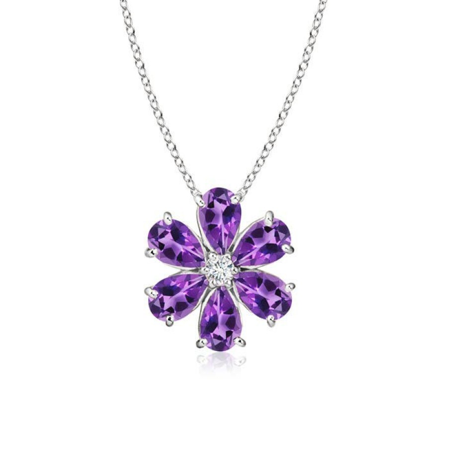 Necklaces Angara Amethyst | Amethyst Flower Cluster Pendant With Diamond