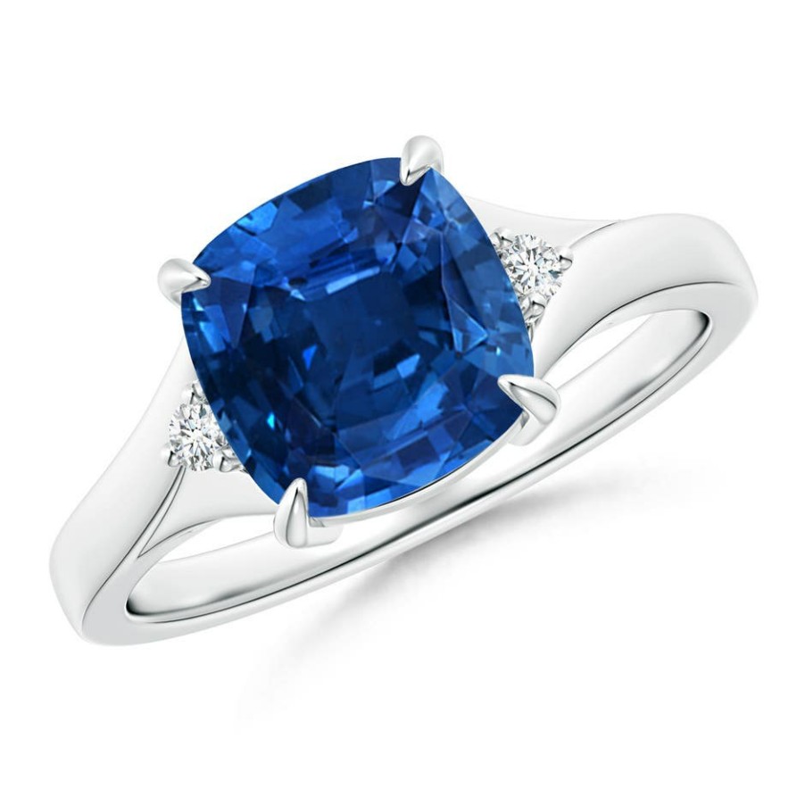 Rings Angara Blue Sapphire | Split Shank Gia Certified Cushion Sapphire Solitaire Ring