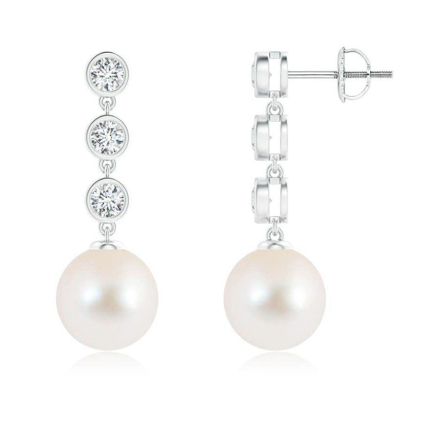 Earrings Angara Freshwater Pearl | Freshwater Pearl Dangle Earrings With Bezel Diamonds