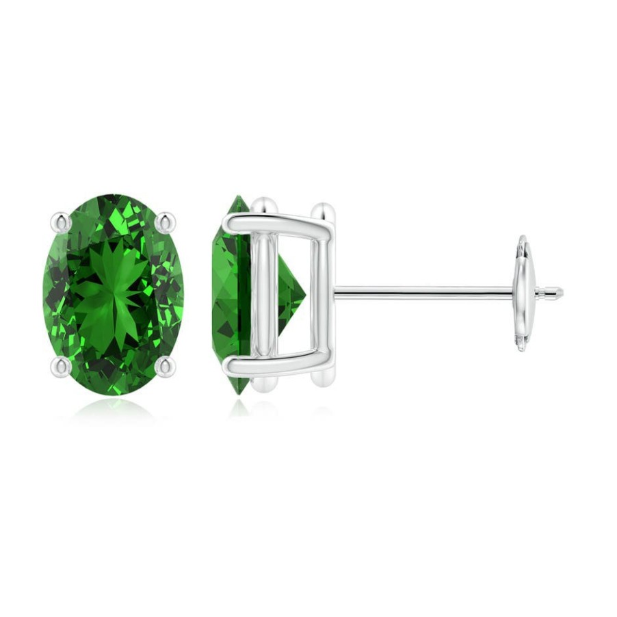 Earrings Angara Emerald | Lab-Grown Prong-Set Solitaire Oval Emerald Stud Earrings