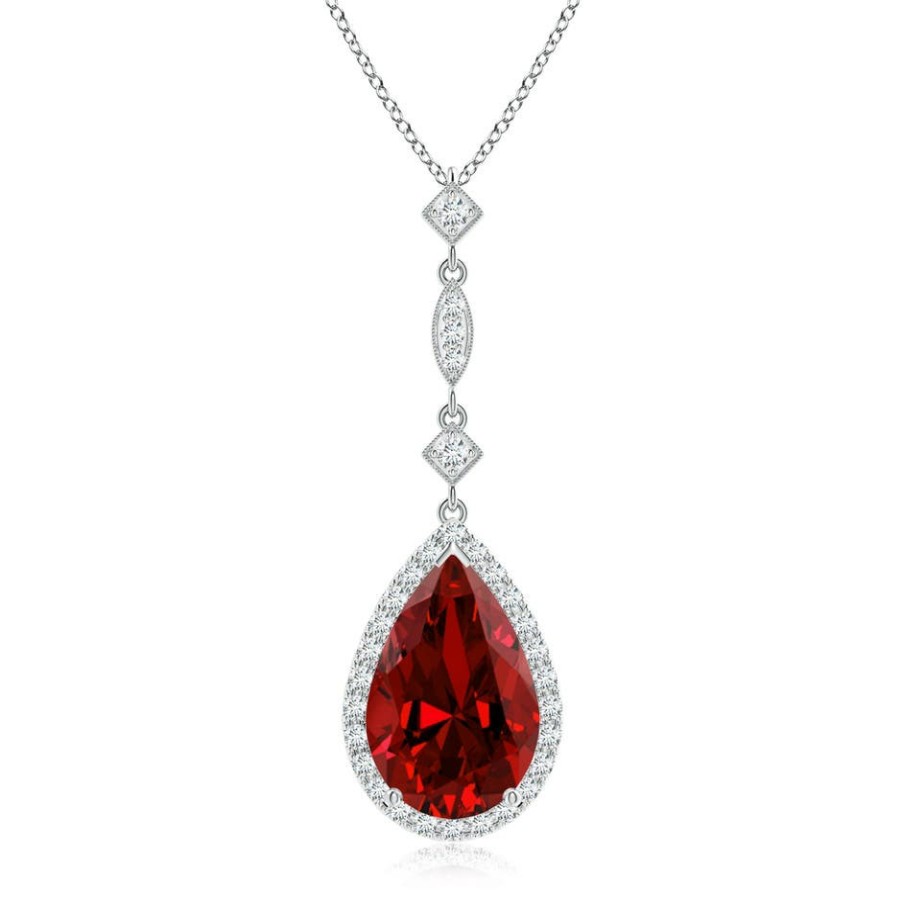 Necklaces Angara Ruby | Lab-Grown Ruby Teardrop Pendant With Diamond Accents