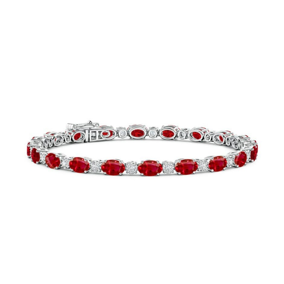 Bracelets Angara Ruby | Oval Ruby Tennis Bracelet With Gypsy Diamonds