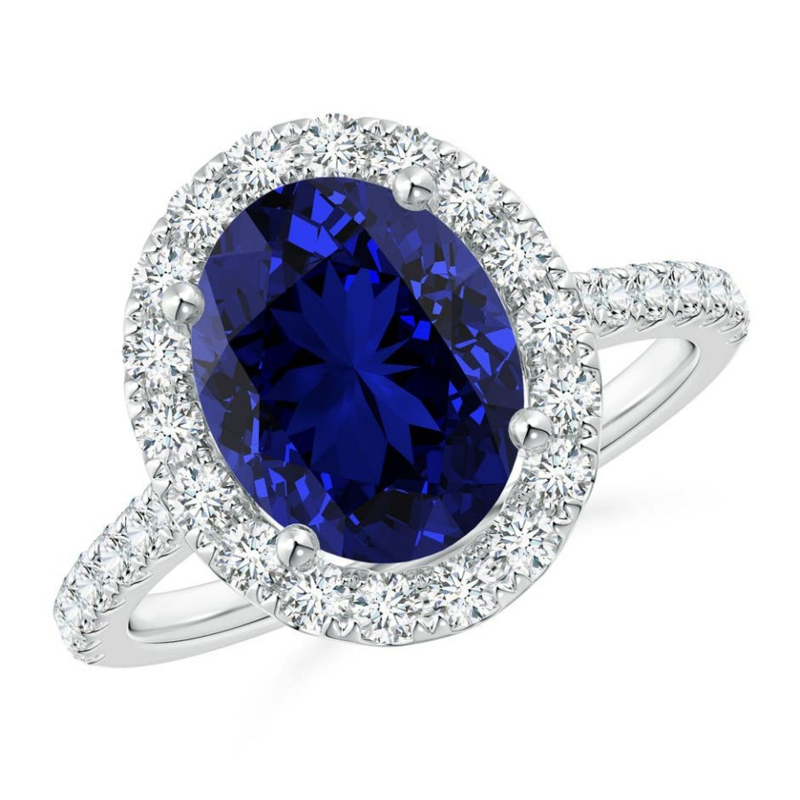 Rings Angara Blue Sapphire | Lab-Grown Oval Sapphire Halo Ring With Lab Diamond Accents