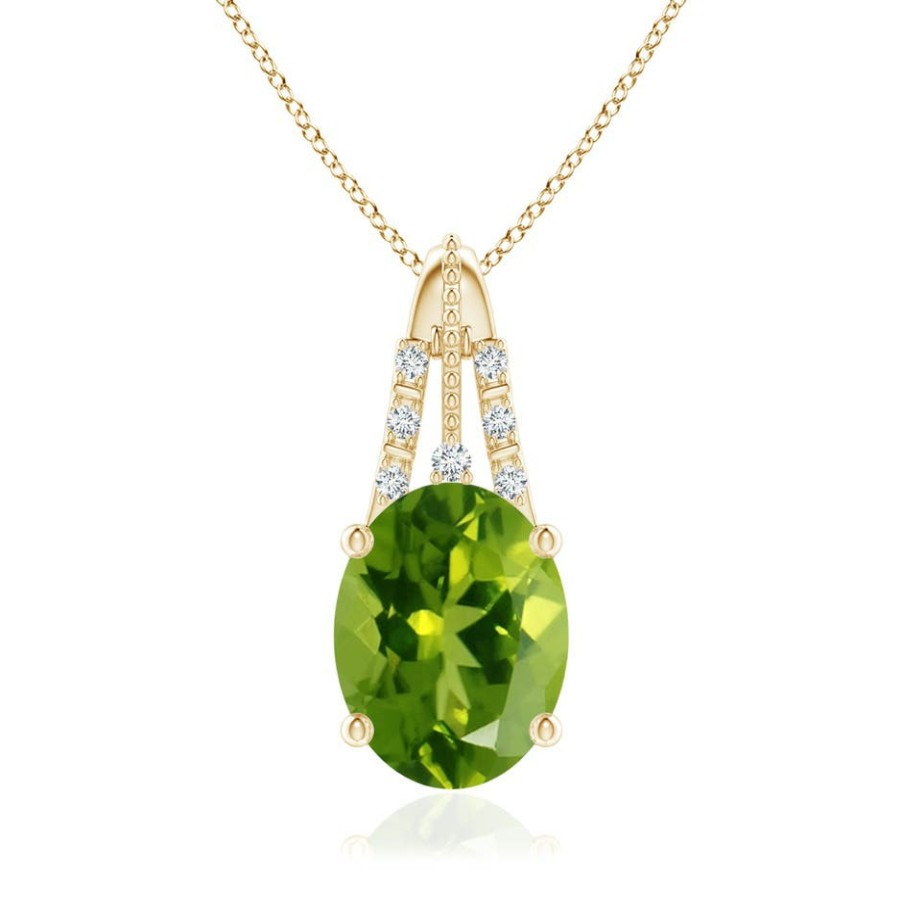 Necklaces Angara Peridot | Vintage Inspired Oval Peridot And Diamond Leo Pendant