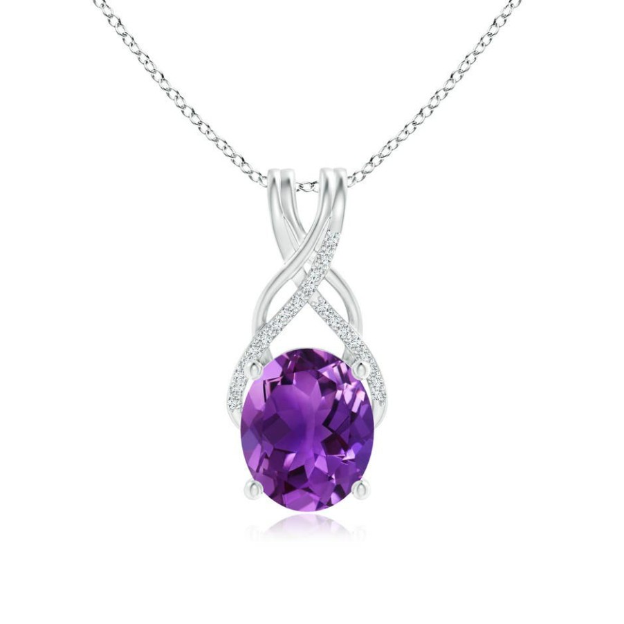 Necklaces Angara Amethyst | Oval Amethyst Criss Cross Pendant With Diamonds