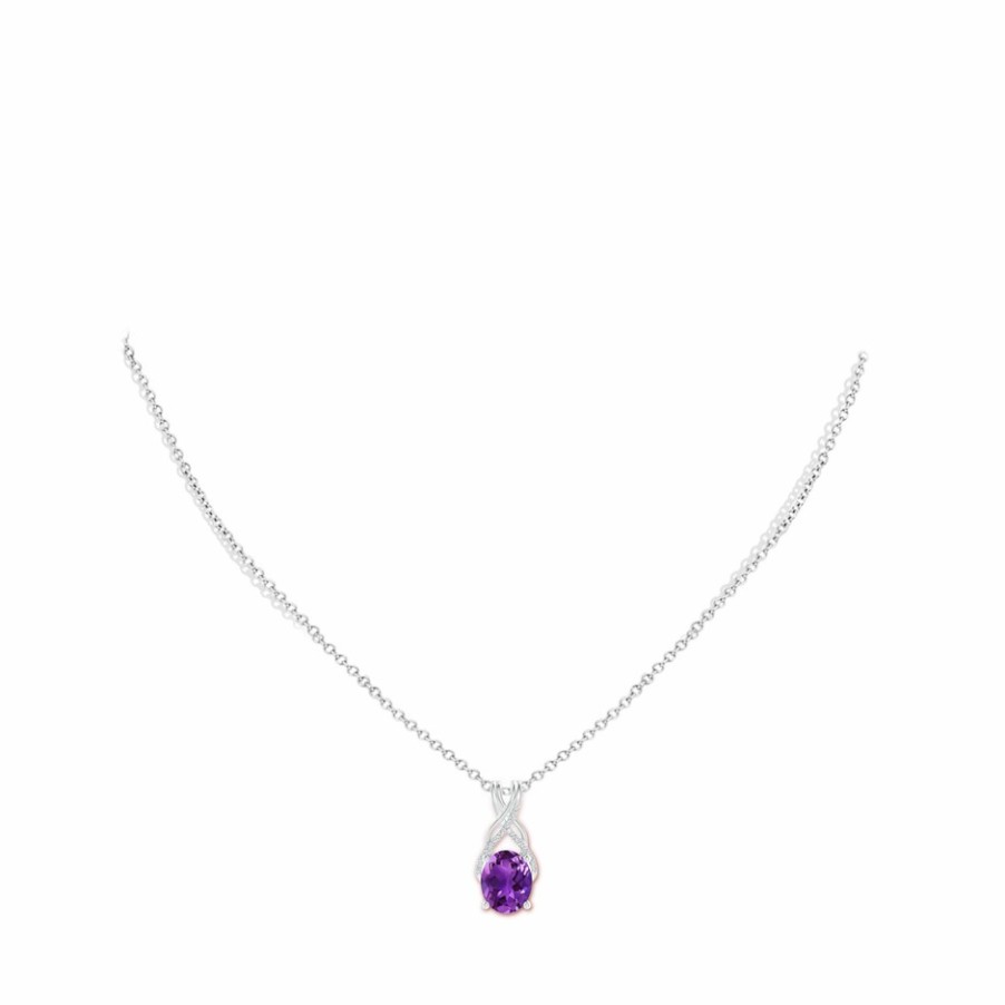 Necklaces Angara Amethyst | Oval Amethyst Criss Cross Pendant With Diamonds