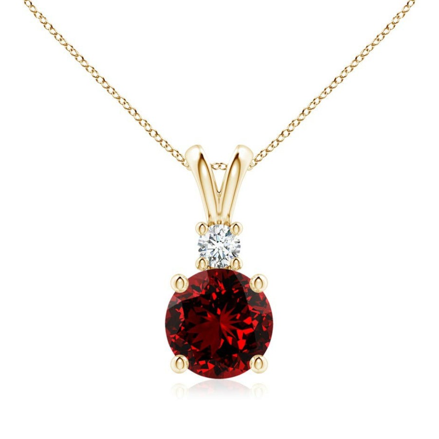 Necklaces Angara Ruby | Lab-Grown Round Ruby Solitaire V-Bale Pendant With Lab Diamond