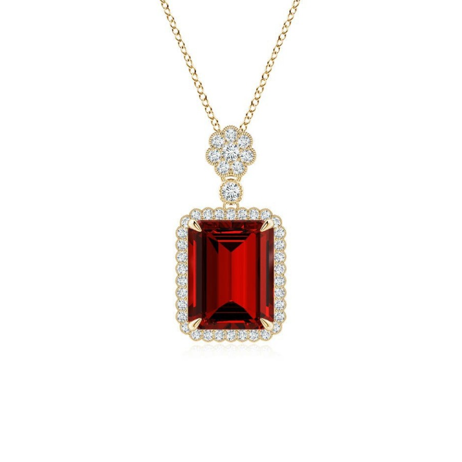 Necklaces Angara Ruby | Lab-Grown Emerald Cut Ruby Pendant With Floral Bale