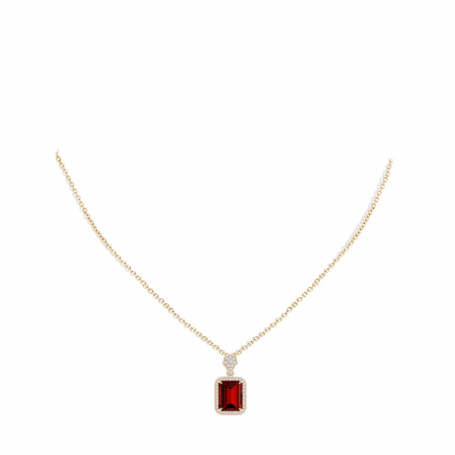 Necklaces Angara Ruby | Lab-Grown Emerald Cut Ruby Pendant With Floral Bale