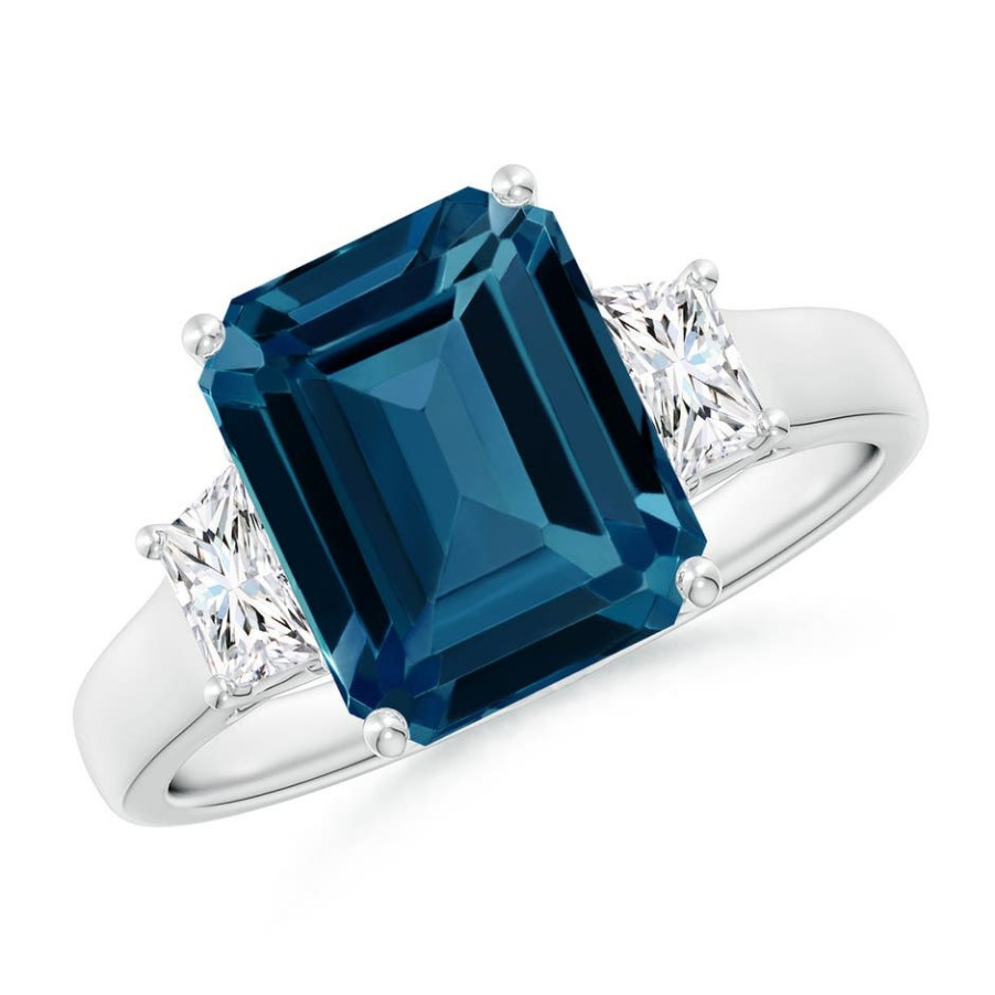 Rings Angara London Blue Topaz | Three Stone Emerald-Cut London Blue Topaz And Diamond Ring