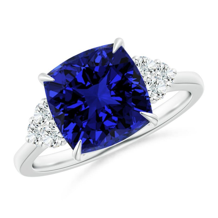 Rings Angara Blue Sapphire | Lab-Grown Cushion Blue Sapphire Engagement Ring With Trio Diamonds