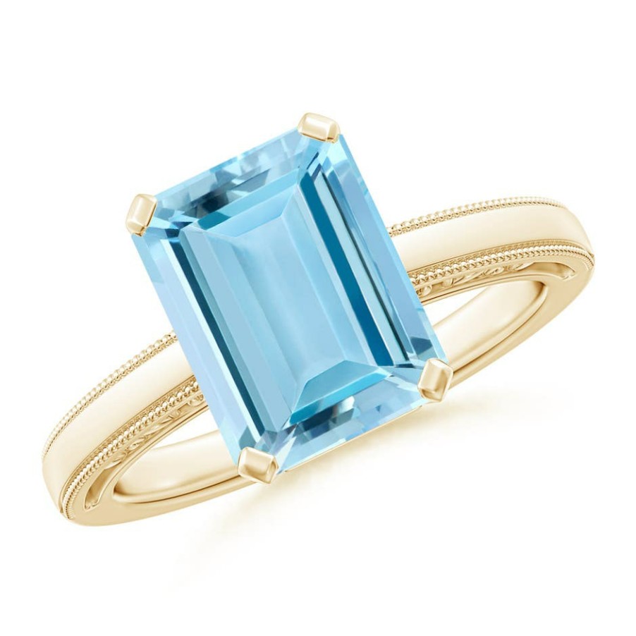 Rings Angara Aquamarine | Emerald-Cut Aquamarine Solitaire Ring With Milgrain