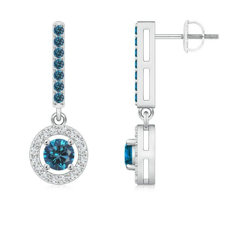 Earrings Angara Enhanced Blue | Floating Round Blue Diamond Halo Drop Earrings