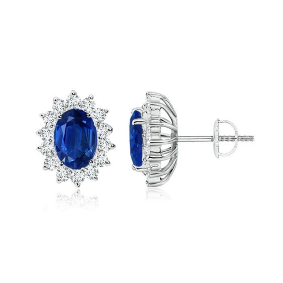 Earrings Angara Blue Sapphire | Oval Blue Sapphire Flower Stud Earrings With Diamond Halo