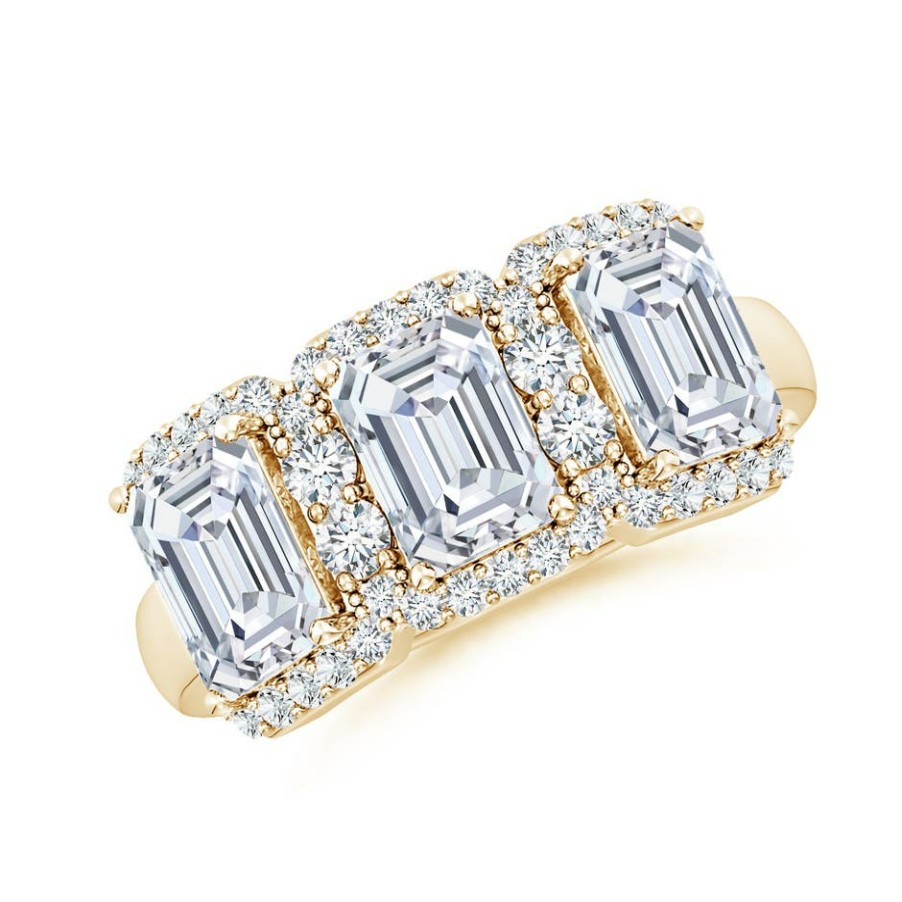 Rings Angara Diamond | Lab-Grown Emerald-Cut Diamond Halo Three Stone Ring