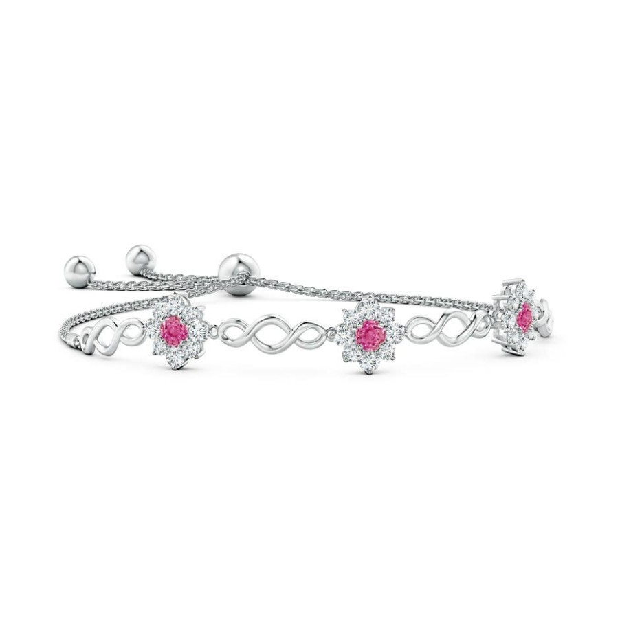 Bracelets Angara Pink Sapphire | Infinity Pink Sapphire Station Bolo Bracelet With Floral Halo