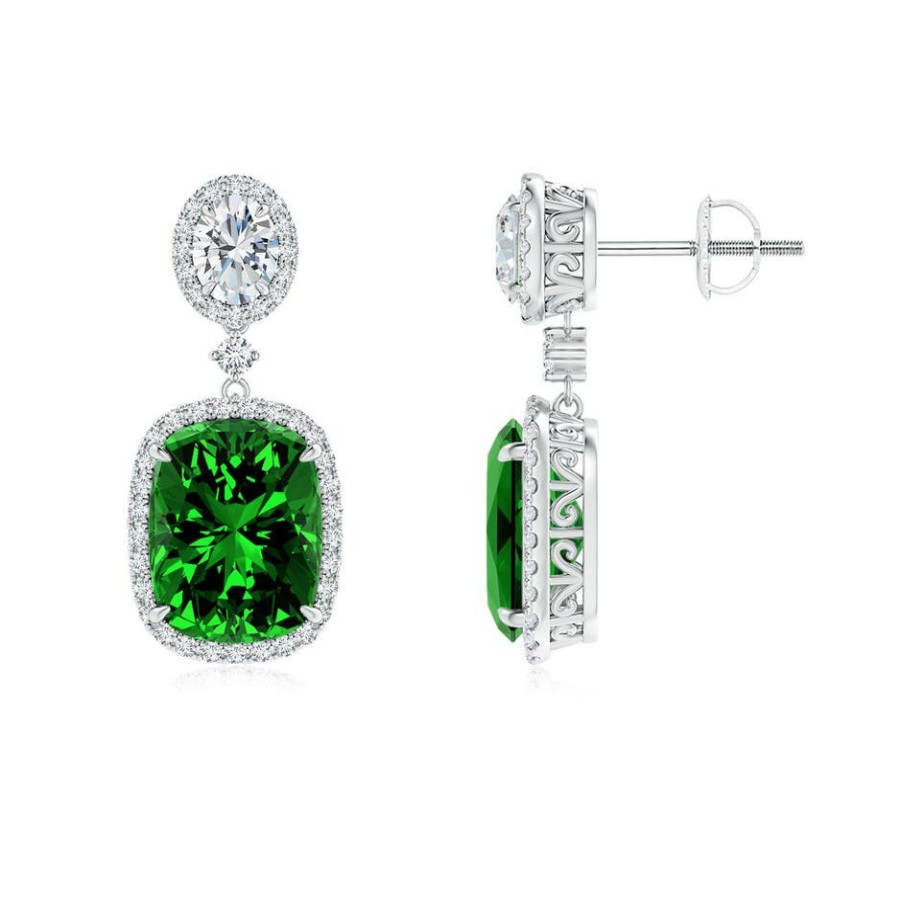 Earrings Angara Emerald | Lab-Grown Two Tier Claw-Set Emerald Dangle Earrings With Lab Diamond Halo