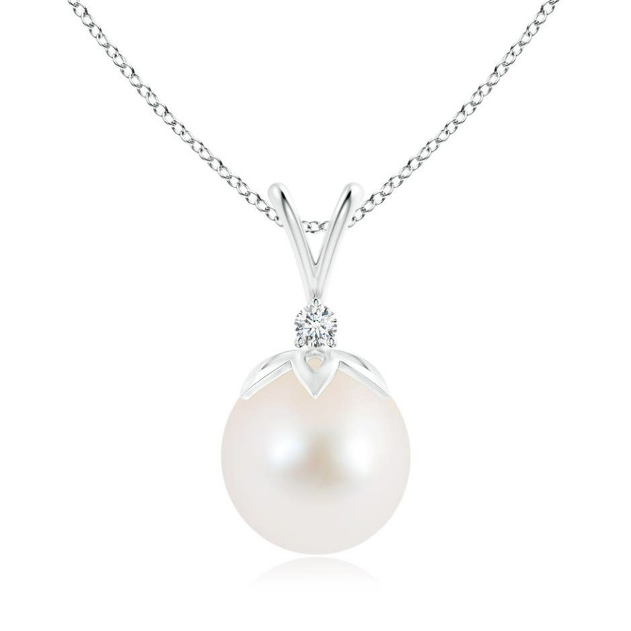 Necklaces Angara Freshwater Pearl | Freshwater Pearl V-Bale Pendant With Diamond