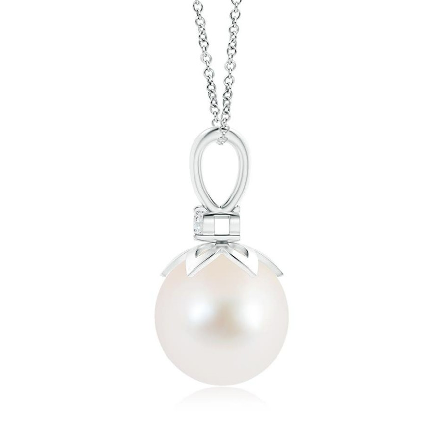 Necklaces Angara Freshwater Pearl | Freshwater Pearl V-Bale Pendant With Diamond