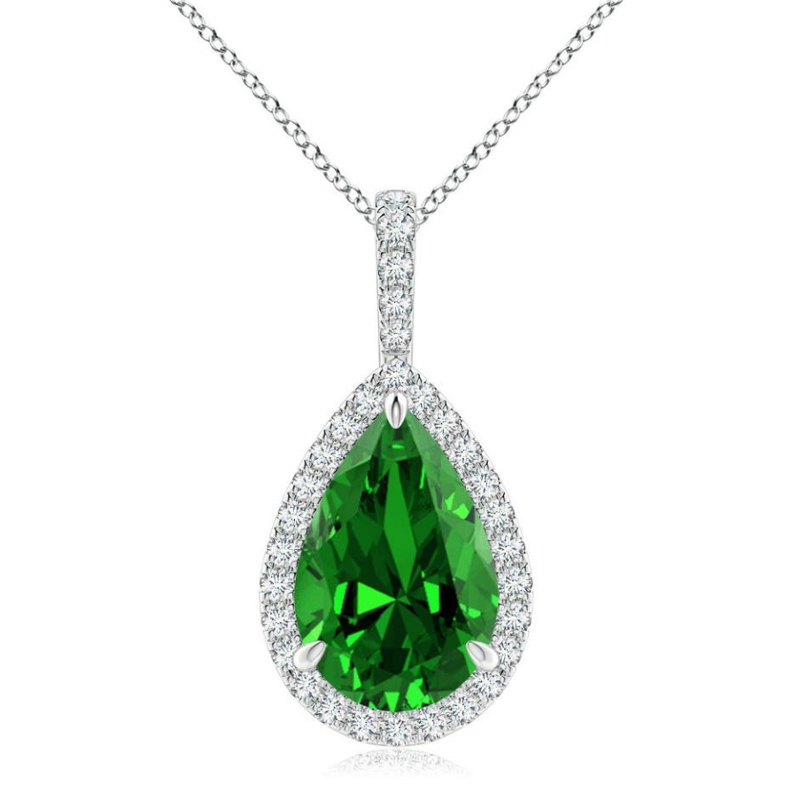 Necklaces Angara Emerald | Lab-Grown Emerald Teardrop Pendant With Diamond Halo