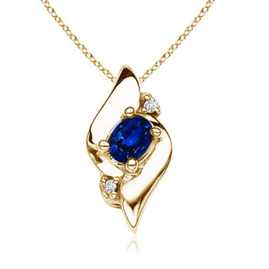 Necklaces Angara Blue Sapphire | Shell Style Oval Sapphire And Diamond Pendant