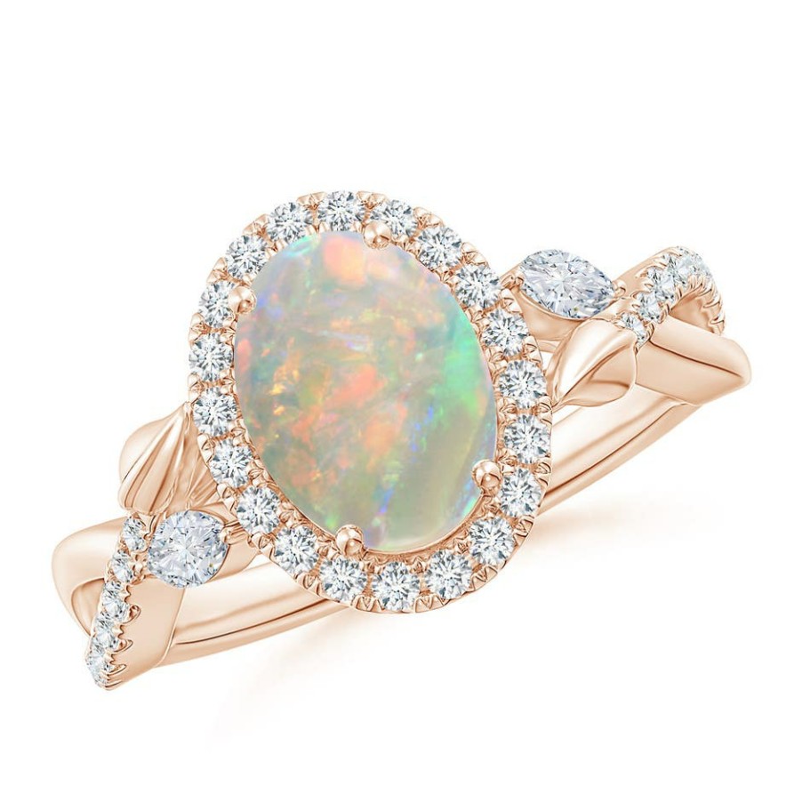 Rings Angara Opal | Oval Opal Twisted Vine Ring With Diamond Halo