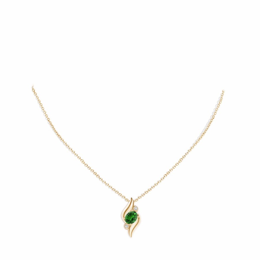 Necklaces Angara Emerald | Lab-Grown Shell Style Oval Emerald And Lab Diamond Pendant