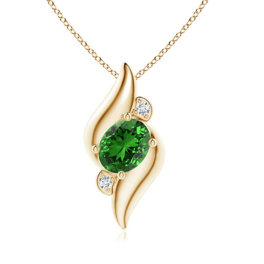 Necklaces Angara Emerald | Lab-Grown Shell Style Oval Emerald And Lab Diamond Pendant