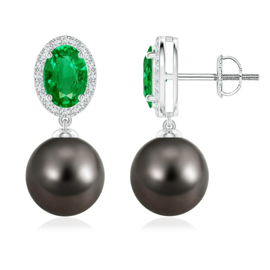 Earrings Angara Tahitian Pearl | Tahitian Pearl Halo Earrings With Oval Emerald