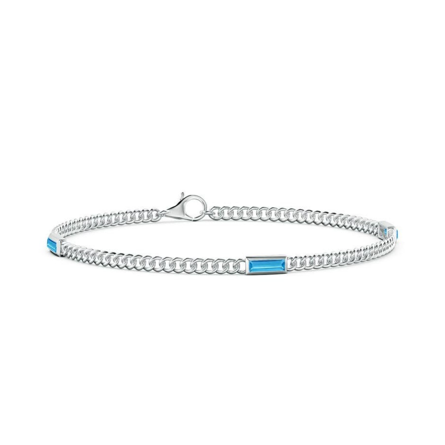 Bracelets Angara Swiss Blue Topaz | Bezel-Set Baguette Swiss Blue Topaz Three Stone Curb Link Chain Bracelet