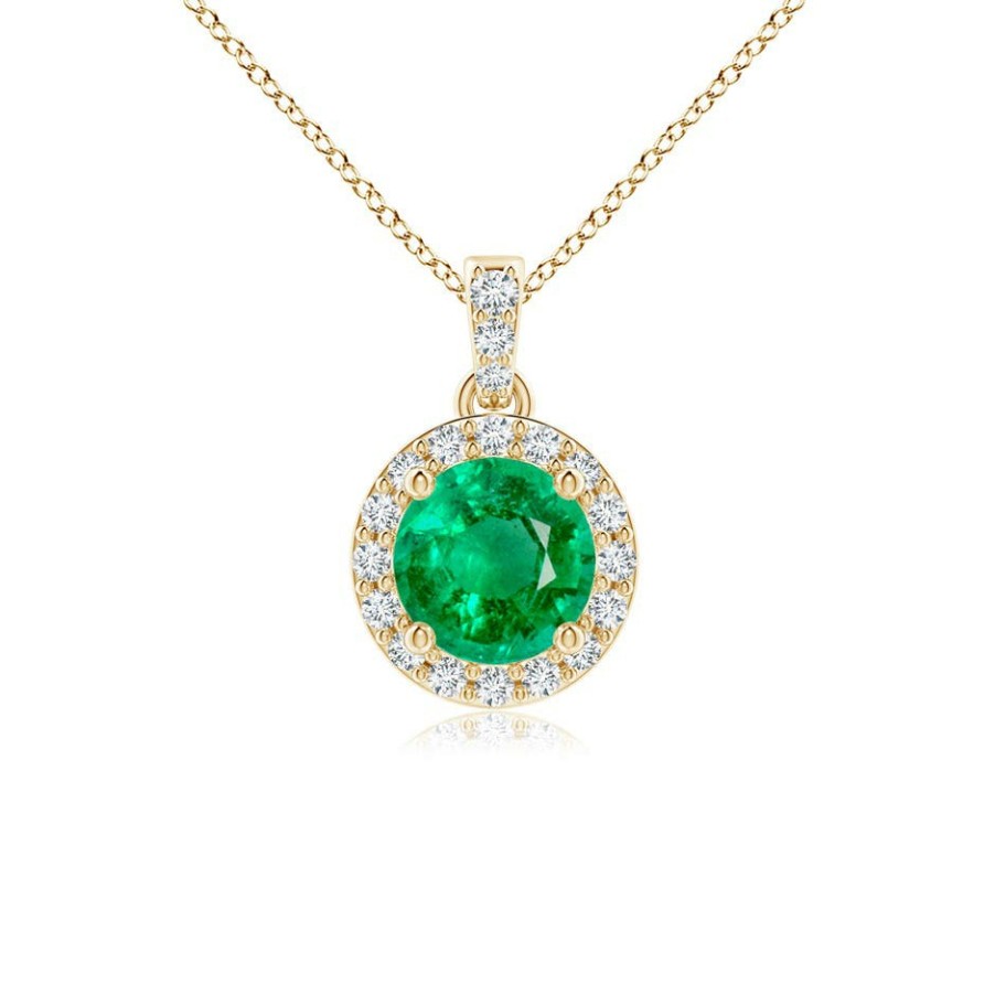 Necklaces Angara Emerald | Round Emerald Dangle Pendant With Diamond Halo